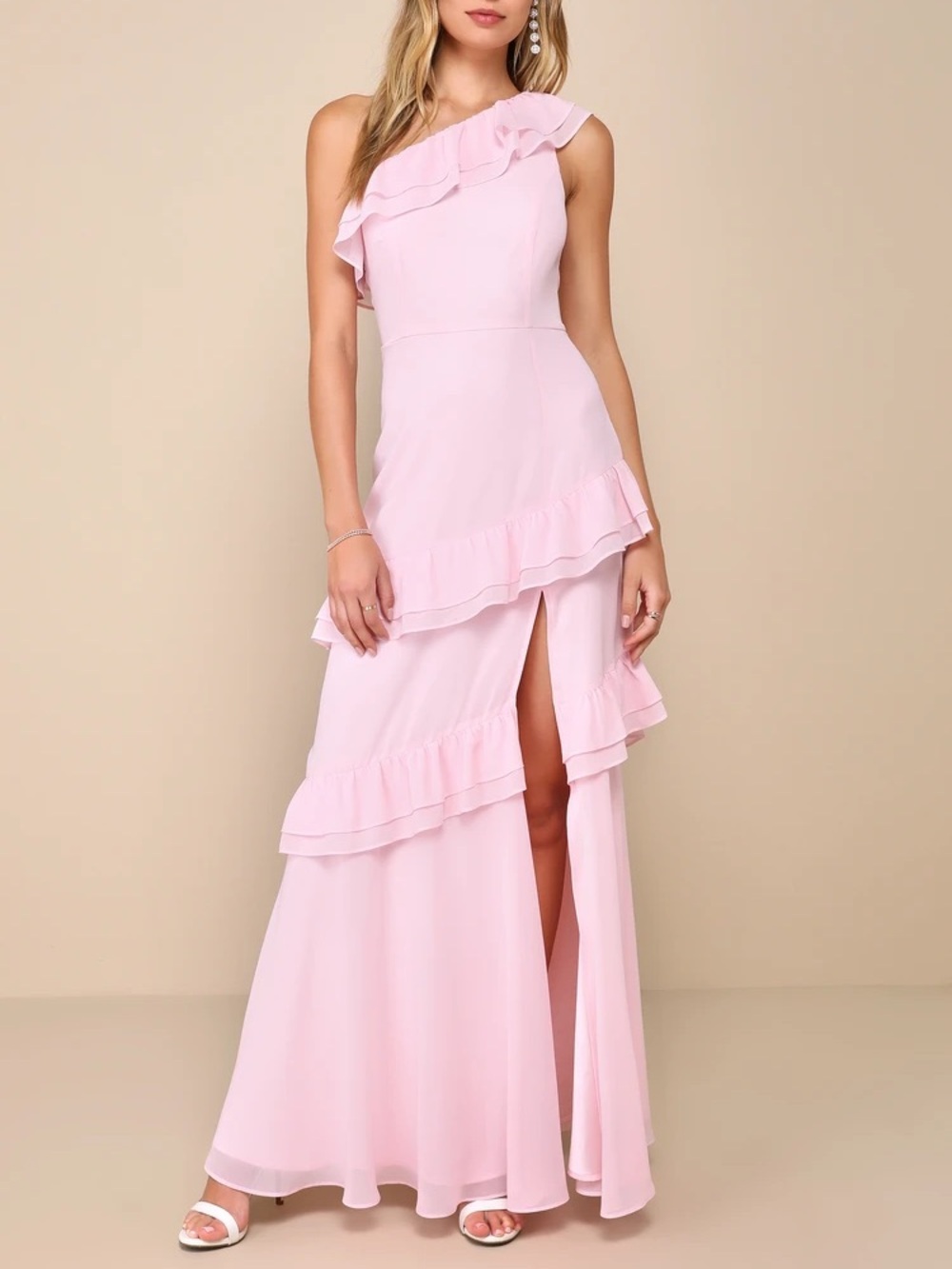 Lulus Brilliant Grace Light Pink Ruffled One-Shoulder Maxi Dress Small